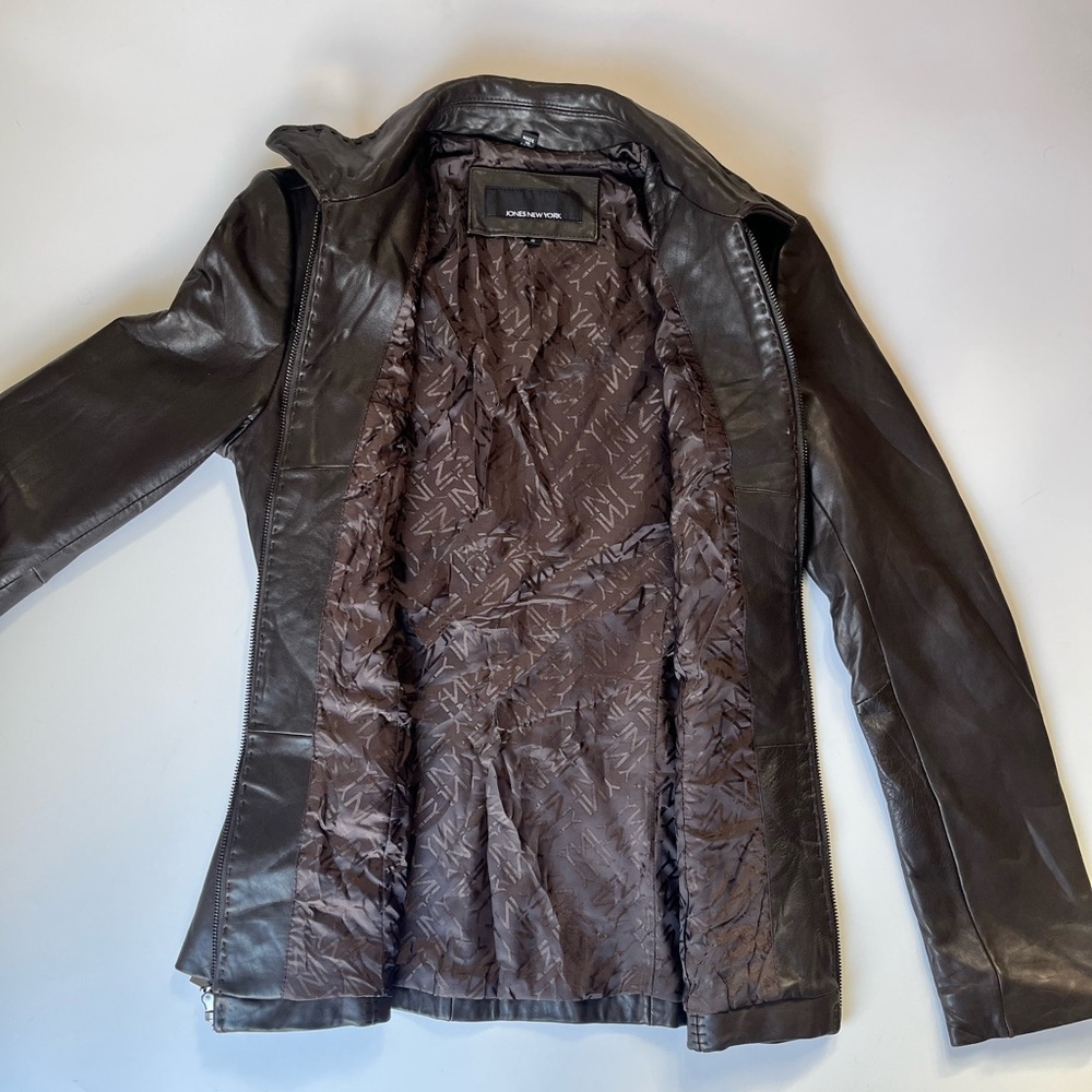 Jones New York Brown Genuine Leather Jacket Fitted Zip Front Size S - Picture 7 of 16